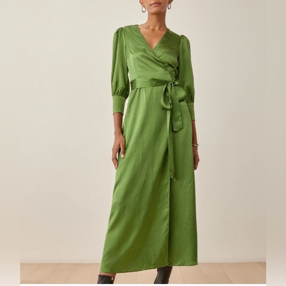 NWOT Reformation Merrick Dress polka dot Peat color 100% silk XL - Picture 2 of 9